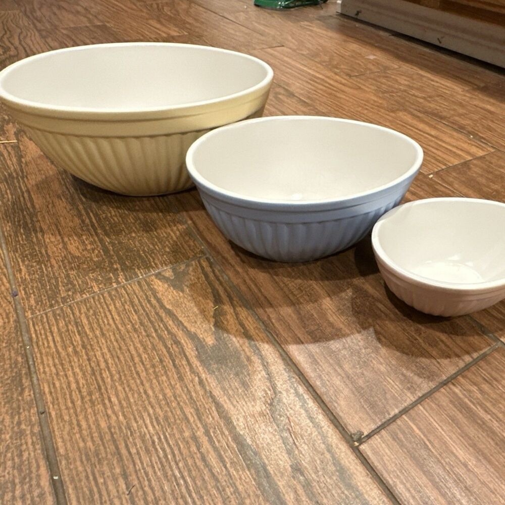 Home Stoneware Mixing Bowl Set of 3 Yellow Blue Pink Microwave Dishwasher Safe